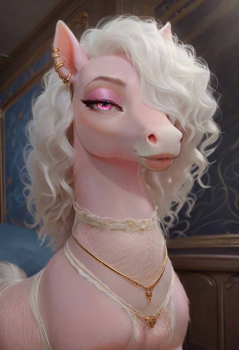 3D, score_9, score_8_up, score_7_up, interior, close-up, cozy, highly detailed, film grain, BREAK, photo, Hyper realistic, high quality, (((photo))), NSFW,
 BREAK,
Solo, equine, feral horse fullbody view, thick voluptuous feral body, (((light pink fur))), majestic, celestial, neon pink eyes, pink eyeshadow, white lips, white sclera, sexy, (((seductive face, bedroom eyes))), feral equine portrait, decorated body, white fishnet neck sleeve, gold earrings, white curly mane, one eye covered, hair over one eye,
BREAK,
Thick thighs, wide body, plump figure