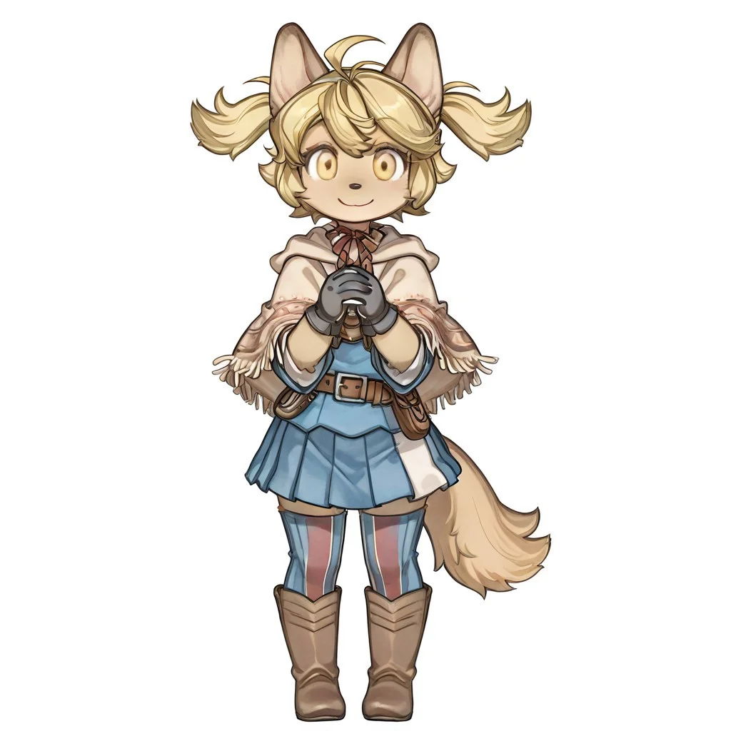 solo. furry,
Mei Marzipan, Fuga: Melodies of Steel, kemono, furry female, child, 1girl, dog girl, beige fur, yellow eyes, blonde hair, twin tails, ahoge, bangs, animal ears, dog ears, dog tail,
neck ribbon, beige poncho, fringe trim, blue tunic, pleated skirt, blue skirt, striped skirt, belt, black gloves, vertical-striped thighhighs, blue thighhighs, brown boots, knee boots,
looking at viewer, smile, holding hands together,