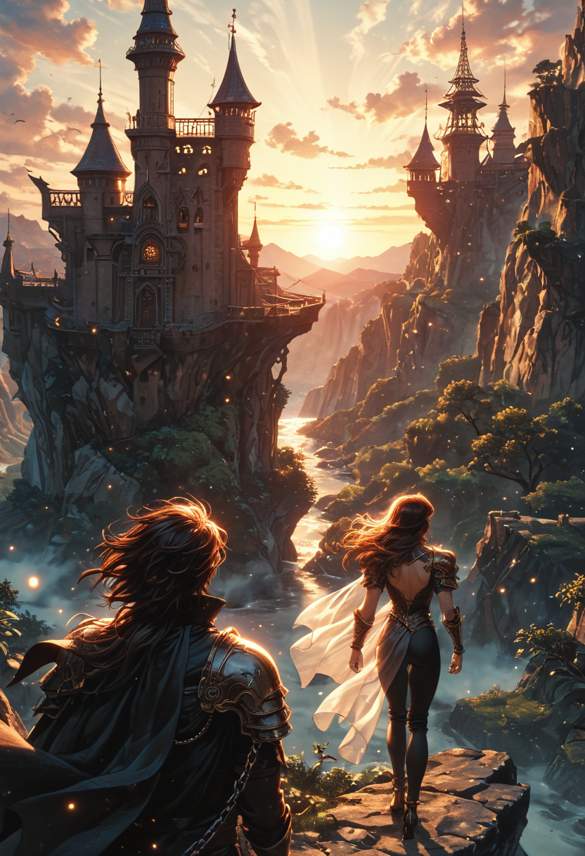 (score_9, score_8_up), score_7_up, source_cartoon, edge of a cliff, 1girl, 1boy, flowy cape, armor, chain, black pants, shoulder armor, floating hair, very long hair, from behind,  magical robe, standing, magical tower, cliffside environment, retro sunset strip lighting, stream of consciousness perspective, flat color, depth of field, blurry background, bokeh, detailed line work, detailed background, flat color, dark theme, dskxadms, comic art, <lora:sdxl_lightning_8step_lora:1><lora:glowneon_xl_v1:0.5> <lora:add-detail-xl:0.5>  <lora:Dark_Anime:0.2> <lora:Art_Adams_Style_Pony_XL:0.4> <lora:Ghibli_style_PDXL:0.2>
