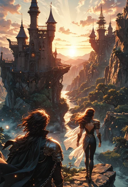 (score_9, score_8_up), score_7_up, source_cartoon, edge of a cliff, 1girl, 1boy, flowy cape, armor, chain, black pants, shoulder armor, floating hair, very long hair, from behind, magical robe, standing, magical tower, cliffside environment, retro sunset strip lighting, stream of consciousness perspective, flat color, depth of field, blurry background, bokeh, detailed line work, detailed background, flat color, dark theme, dskxadms, comic art, <lora:sdxl_lightning_8step_lora:1><lora:glowneon_xl_v1:0.5> <lora:add-detail-xl:0.5> <lora:Dark_Anime:0.2> <lora:Art_Adams_Style_Pony_XL:0.4> <lora:Ghibli_style_PDXL:0.2>