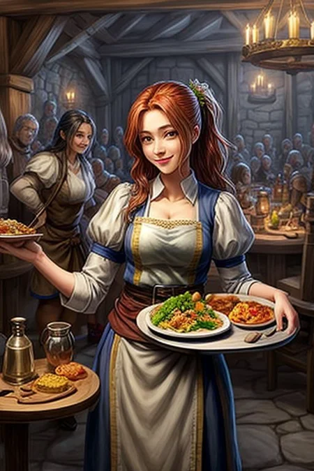 a waitress with an alchemy belt serving food on a tray in a medieval fantasy tavern with a bunch of visitors at tables, different fairy-tale races, magic, alchemy, handicrafts