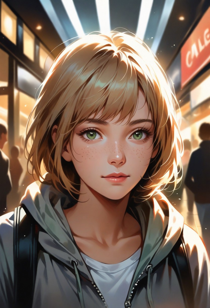 A lively young woman walks through a bustling shopping mall, her blonde hair cut short, accentuating her tanned skin and freckles. Sharon wears a white t-shirt layered under a casually unzipped gray hoodie, a backpack slung over one shoulder. Her green eyes sparkle with excitement as she glances at the vibrant storefronts, her cheerful expression radiating youthful energy. The polished floors reflect the warm lighting, while crowds move in the background, adding to the dynamic atmosphere. The shot captures her in a natural, candid moment, blending realism with a soft, cinematic depth of field.
(Close-up portrait, sharp focus, realistic, masterpiece, correct anatomy, field of view: 1.4, indoors)