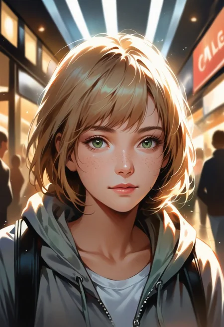 A lively young woman walks through a bustling shopping mall, her blonde hair cut short, accentuating her tanned skin and freckles. Sharon wears a white t-shirt layered under a casually unzipped gray hoodie, a backpack slung over one shoulder. Her green eyes sparkle with excitement as she glances at the vibrant storefronts, her cheerful expression radiating youthful energy. The polished floors reflect the warm lighting, while crowds move in the background, adding to the dynamic atmosphere. The shot captures her in a natural, candid moment, blending realism with a soft, cinematic depth of field.
(Close-up portrait, sharp focus, realistic, masterpiece, correct anatomy, field of view: 1.4, indoors)