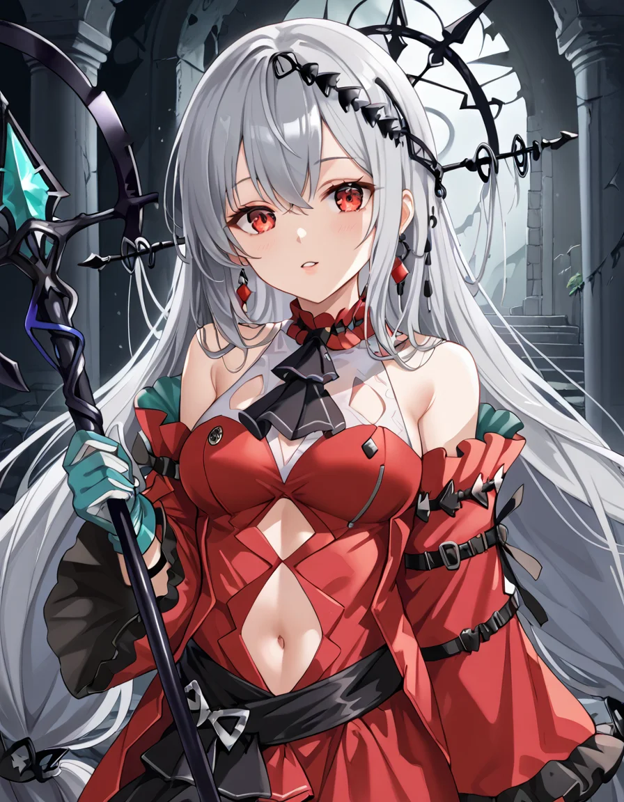 (masterpiece), (best quality), (ultra-detailed), Skalter, low twintails, very long hair, low-tied long hair, grey hair, red eyes BREAK, illustration, disheveled hair, detailed eyes, perfect composition, moist skin, intricate details, earrings, Volumetric Lighting, Skalter, low twintails, very long hair, low-tied long hair, grey hair, red eyes BREAK, light depth, dramatic atmospheric lighting, Volumetric Lighting, CH, CH hair ornament, CH detached sleeves, CH gloves, CH ascot, fabric strap, CH strap,black strap, CH dress, navel cutout, CH staff, holding staff BREAK, outdoor, looking at viewer, upper body, ruins, eldritch horror vibe, coastal