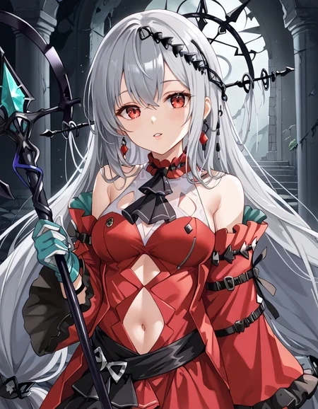 (masterpiece), (best quality), (ultra-detailed), Skalter, low twintails, very long hair, low-tied long hair, grey hair, red eyes BREAK, illustration, disheveled hair, detailed eyes, perfect composition, moist skin, intricate details, earrings, Volumetric Lighting, Skalter, low twintails, very long hair, low-tied long hair, grey hair, red eyes BREAK, light depth, dramatic atmospheric lighting, Volumetric Lighting, CH, CH hair ornament, CH detached sleeves, CH gloves, CH ascot, fabric strap, CH strap,black strap, CH dress, navel cutout, CH staff, holding staff BREAK, outdoor, looking at viewer, upper body, ruins, eldritch horror vibe, coastal