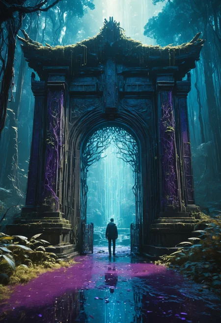 (Digital Artwork:1.3) of (Sketched:1.1) octane render of a mysterious dense forest with a large (magical:1.2) gate (portal:1.3) to the eternal kingdom, blade runner, intricate (vine:1.2), massive tree in liquid metal, realistic digital painting portrait, shot at 8k resolution, petrol liquid, pastel color, splash art, blue and purple magic universe, light engrave in intricate details, (light particle:1.2), (game concept:1.3), (depth of field:1.3), global illumination,Highly Detailed,Trending on ArtStation