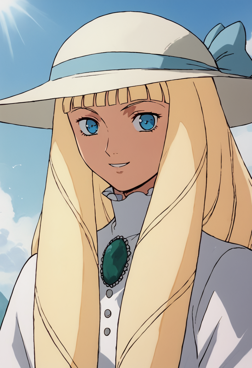 <lora:KihelTurnAPony1.0:0.8>Kihel, 1girl, solo, dress, blonde hair, long hair, blue eyes, white dress, long sleeves, smile, drill hair, sun hat, score_9, score_8_up, score_7_up, score_6_up, score_5_up, score_4_up, looking at viewer, 1990s \(style\)