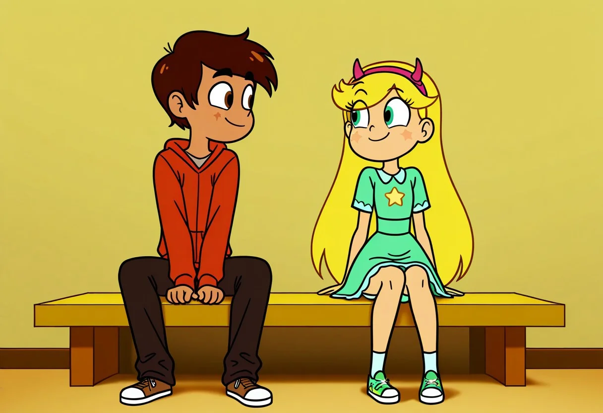 masterpiece, best quality, break. star_co, (1boy, marco_d, hoodie), break, (1girl, star_b, fake horns, dress), sitting, looking at each other, smile, fullbody,