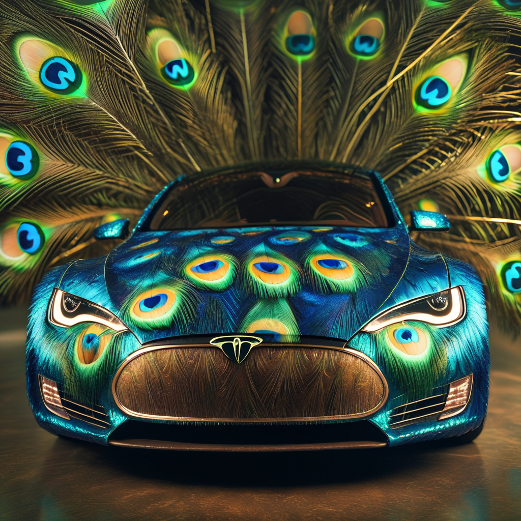 pavolaris tesla car with peacock feathers, professional  photo, expressive, detailed, sharpened, cinematic<lora:pavolaris:1>