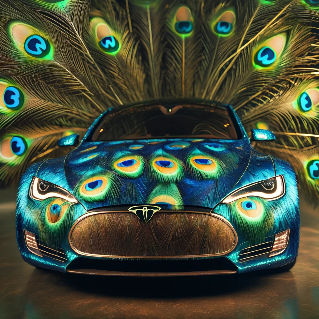 pavolaris tesla car with peacock feathers, professional photo, expressive, detailed, sharpened, cinematic<lora:pavolaris:1>