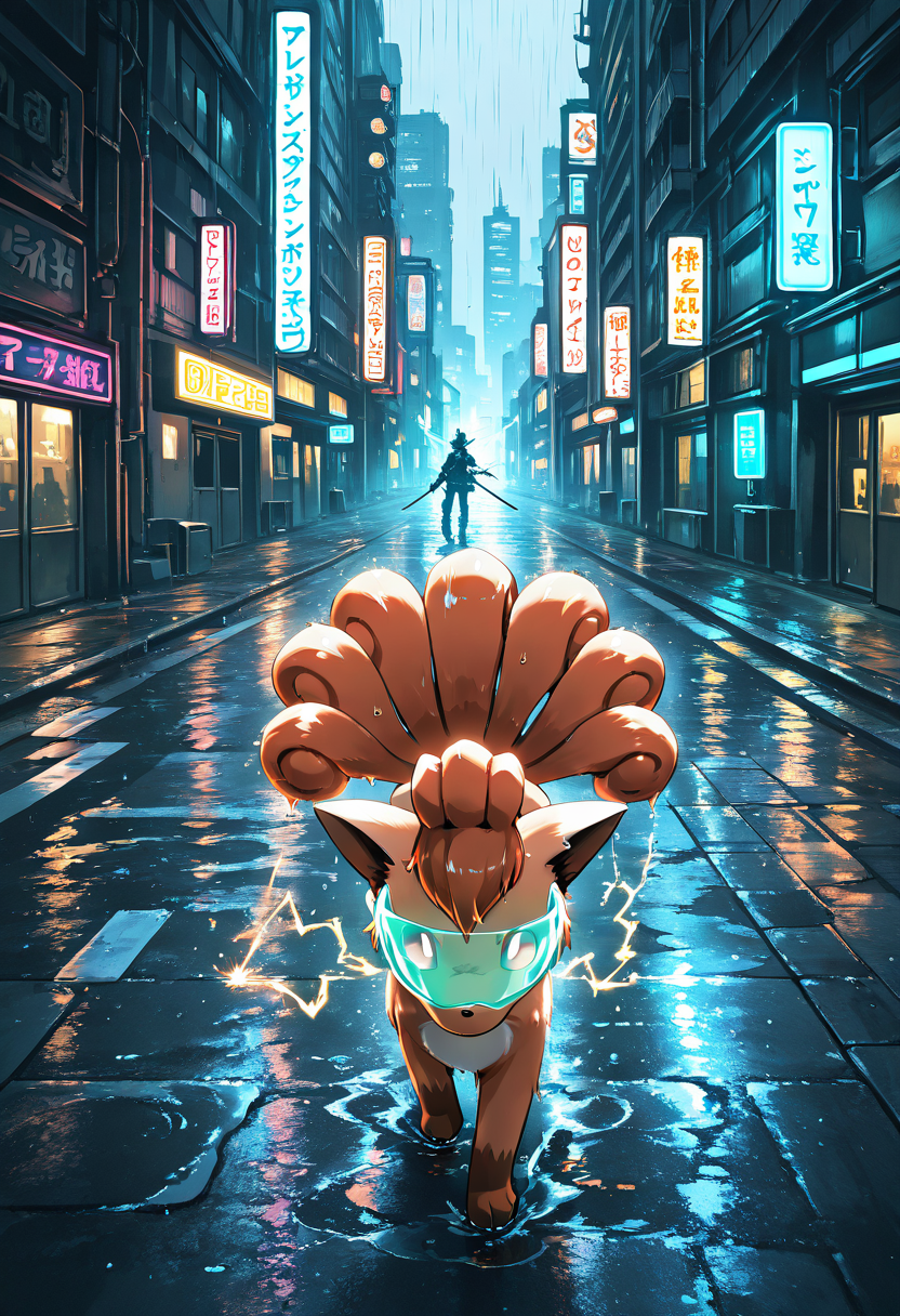 masterpiece, best quality,    <lora:VulpixPokedex_IXL:1.0>,  zzVulpix, neon lights, cyberpunk, glowing markings, mechanical tails, katana, visor, futuristic city, rain, wet pavement, solo, blade reflection, moody atmosphere, backlight, dynamic angle, electric sparks â In the rain-soaked alleys of Neo-Tokyo, zzVulpix prowls beneath buzzing neon lights. Her sleek mechanical tails hum softly, neon blue lines pulsing along her fur. A glowing visor obscures her red eyes as she unsheathes a plasma-edged katana, its light reflected in the wet pavement. Electric sparks dance with each movement as she readies herself for an ambush, her silhouette flickering like a ghost beneath the neon skyline.