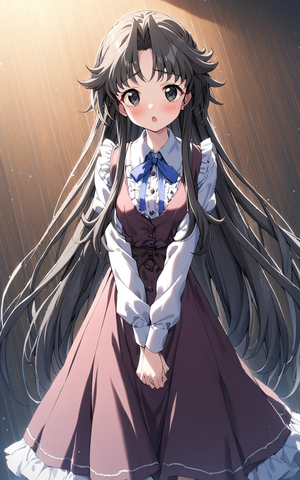 1girl, chisa\(memories off 6\), solo, sky, outdoors, long sleeves, open mouth, v arms, burgundy-color dress, dark red waistband, white shirt inside, frills, blue neck ribbon, black long hair, black eyes, :o, looking at viewer, blush, buttons, masterpiece, best quality, very aesthetic, absurdres, vivid colors, highres, 4k, 8k, intricate detail, cinematic lighting, wallpaper <lora:aesthetic_anime_v1s:1> <lora:chisa_v2:1>