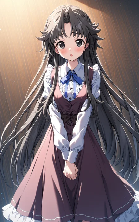 1girl, chisa\(memories off 6\), solo, sky, outdoors, long sleeves, open mouth, v arms, burgundy-color dress, dark red waistband, white shirt inside, frills, blue neck ribbon, black long hair, black eyes, :o, looking at viewer, blush, buttons, masterpiece, best quality, very aesthetic, absurdres, vivid colors, highres, 4k, 8k, intricate detail, cinematic lighting, wallpaper <lora:aesthetic_anime_v1s:1> <lora:chisa_v2:1>