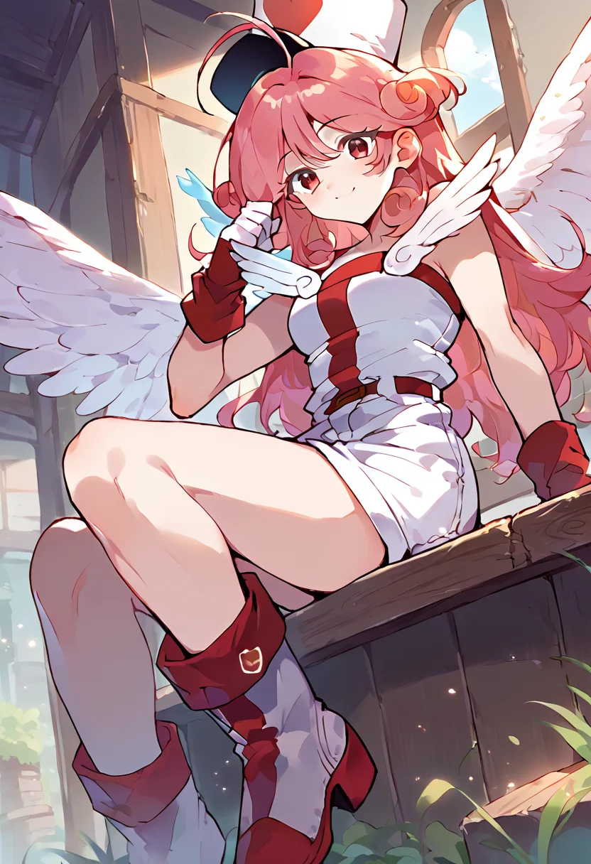 score_9,score_8_up,score_7_up,source_anime,zPDXL3,fantasy,town,wooden bench,sitting,smile,from below,
*//*,<lora:InjectionFairyLily_v1.0:1>,lily_ygo,1girl,wings,hat,nurse cap,gloves,heart,nurse,boots,shorts,angel wings,
*//*,looking at viewer,cowboy shot,dutch angle,dynamic pose,