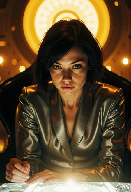 Extreme low-angle shot, 50mm telephoto lens with slight barrel distortion, intense motion blur on the subject's hair, deep f/1.4 depth of field. A woman with piercing emerald eyes and a constellation of freckles across her nose wears a sleek silver jumpsuit, her dark hair styled in a messy bob. She sits in a futuristic chair, her hands grasping the armrests as she stares intensely at a holographic display in front of her. The scene is bathed in warm golden light, with a large sun-like lamp casting a spotlight on the subject's face.<lora:CustomFlux/MysticRealism.safetensors:1.0000000000000002:1.0000000000000002>