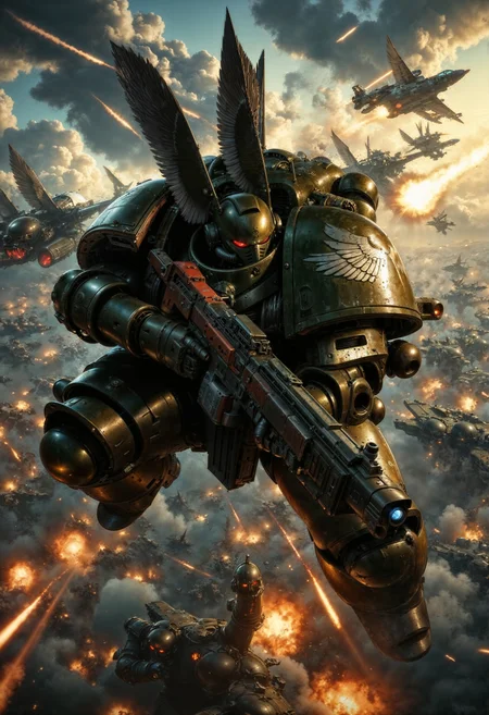 DarkA40k, large space marine jumping from a plane while holding a machine gun, explosions in the background, epic action scene, movie still, <lora:FluxDarkA40k:1> <lora:FluxMythP0rtr4itStyle:0.7>
