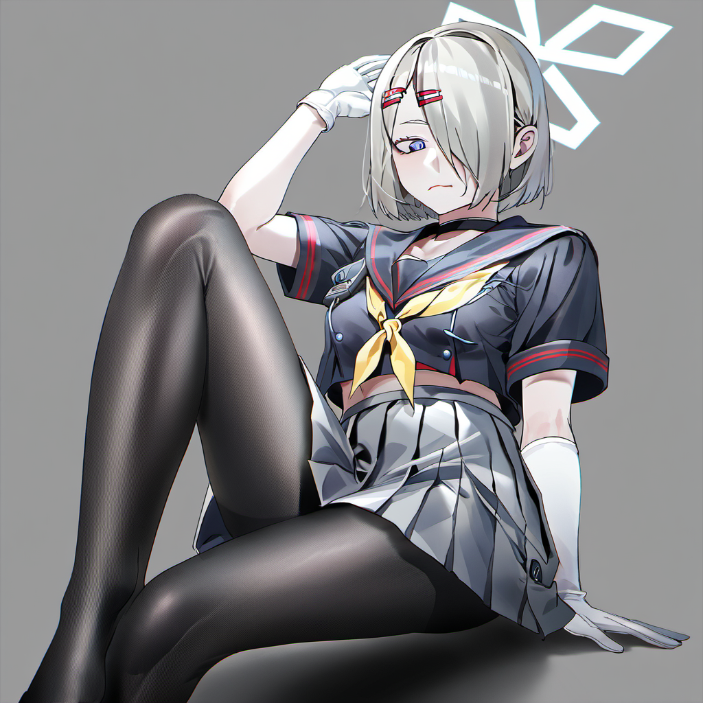 1girl,black pantyhose, blue eyes, buttons, closed mouth, feet out of frame, gloves, grey background, grey hair, grey sailor collar, grey skirt, hair ornament, hair over one eye, hairclip, neckerchief, pantyhose, pleated skirt, sailor collar, school uniform, serafuku, short hair, short sleeves, signature, simple background, skirt, solo, white gloves, yellow neckerchief