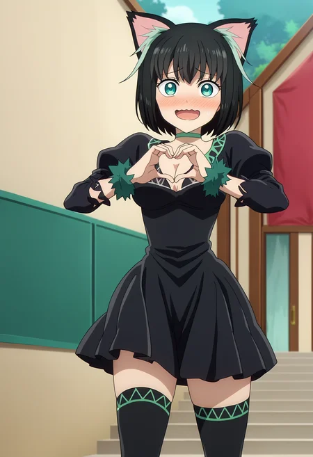 score_9, score_8_up, score_7_up,source_anime,
BREAK
1girl, solo, anime screencap,
<lora:shiTamaV1:1>, tamadef, short hair, black hair, multicolored hair,
animal ears, wrist cuffs, choker, black thighhighs, black dress,
heart hands, looking at viewer, smile, blush, open mouth, ;o, wavy mouth, shy,