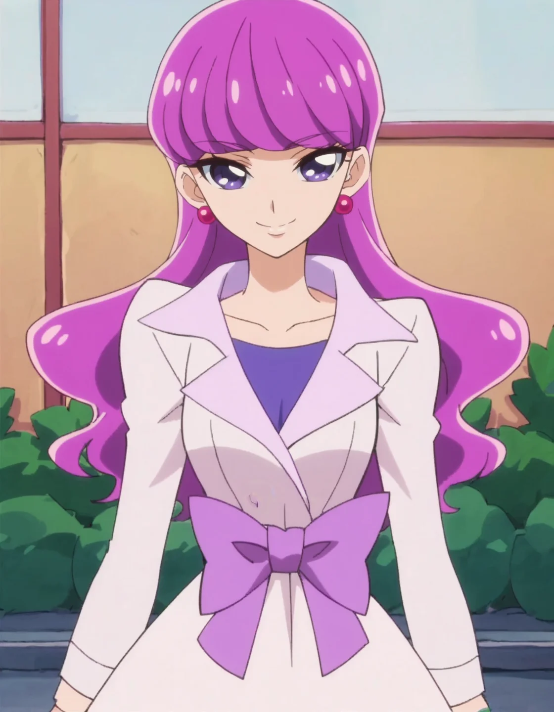 score_9, score_8_up, score_7_up, anime screencap, solo,1girl, kotozumeyukari, earrings, jewelry, long sleeves, smile, looking at viewer, purple bow, collarbone, dress, bow,white dress,cowboy shot,medium breasts,<lora:kotozumeyukari:0.8>
