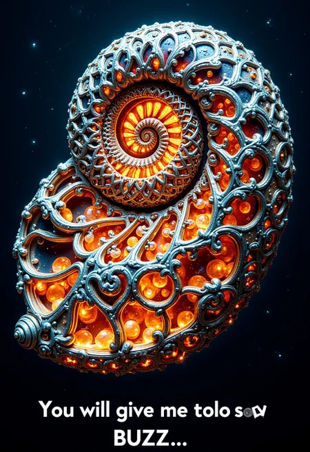A photo of chambered Nautilus with glowing neon flowing inside and ambre floating underwater at night, wireframe, transparency, glass, intricate light, intricate artwork masterpiece, golden ratio, trending on artstation, highly detailed. shell is metallic. mtlartCE_style. Several hypnotically patterned nautili. aidmatextimprover. Text at bottom that reads "You will give me your BUZZ..."