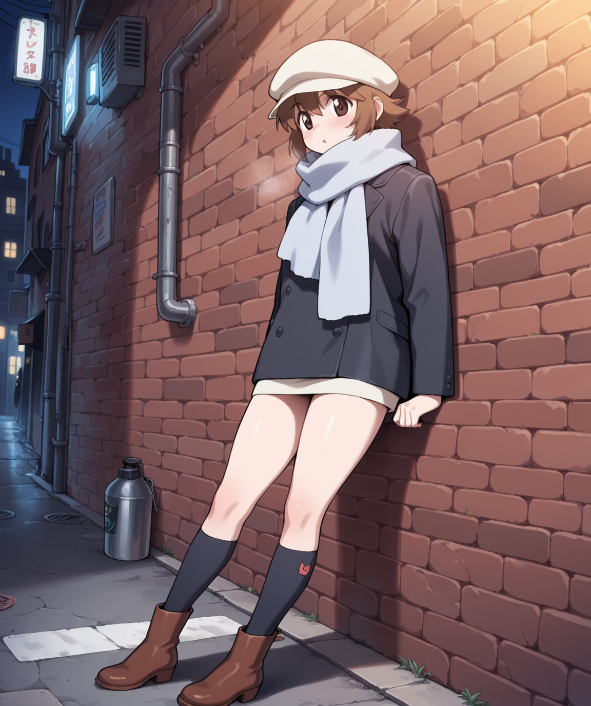 masterpiece, best quality, amazing quality, very aesthetic, ultra detail, clear line, solo, <lora:aiko_marie _harmony:0.8>, aiko, brown eyes, short hair, brown hair, black jacket, skirt, cabbie hat, scarf, black socks, brown boots, night times, american urban style, back alley, outdoor, <lora:LECO_BadHands:1.2>, <lora:LECO_GoodHands:-1.2>, <lora:cfg_scale_boost:0.7>