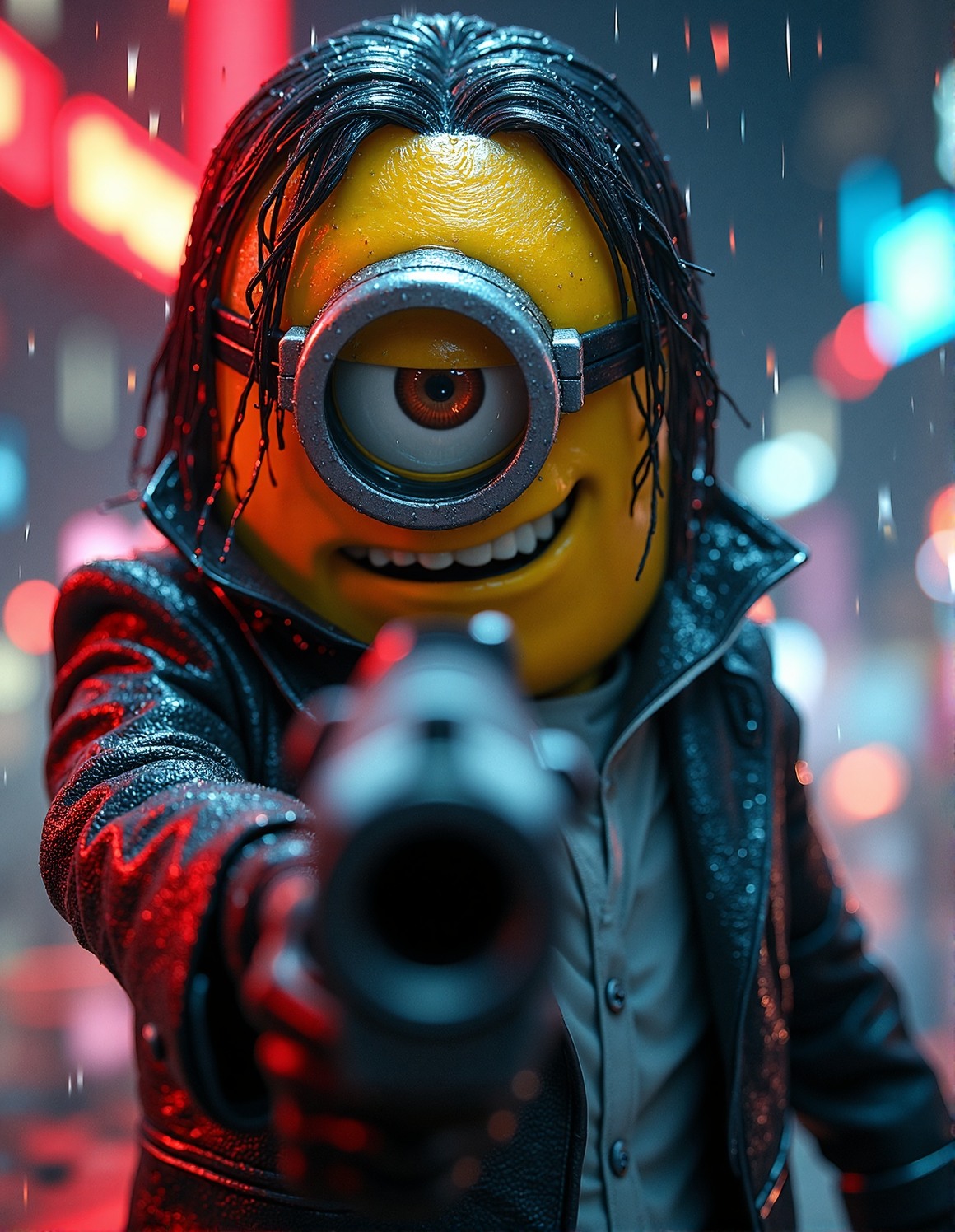 A close-up action shot of a yellow Minion dressed as John Wick, viewed from the perspective of the pistol barrel. The Minionâs intense expression is highlighted with one big eye, with rain pouring down its face and droplets on its black suit. The pistol is in sharp focus in the foreground, while the background shows motion blur with neon lights streaking dynamically, emphasizing rapid movement in a dark urban setting. The rain adds energy, with droplets and reflections enhancing the cinematic, high-action feel, HKMagic, <lora:FantasyWizardWitchesFluxV2-000001:0.8>