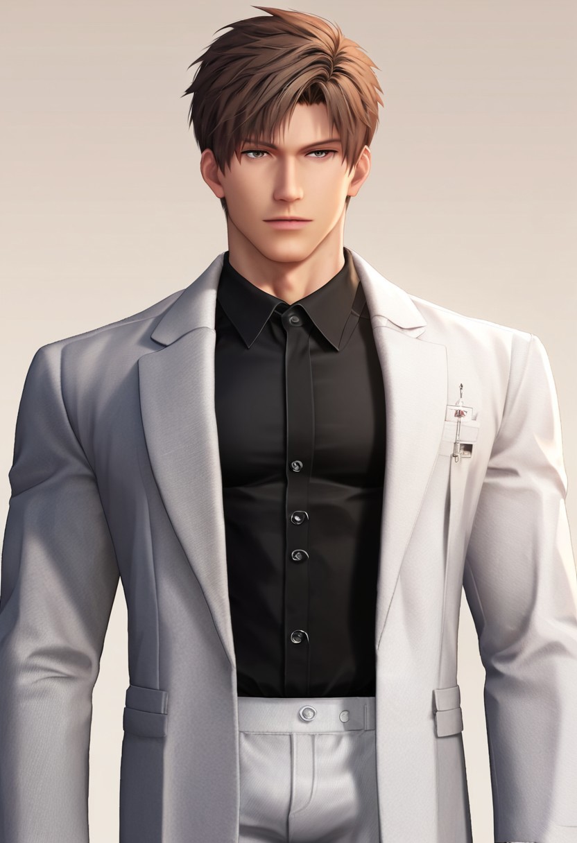 score_9, Artist7p, solo, short hair, open shirt, brown hair, daddy, hair, handsome, suit, black shirt, male focus, style