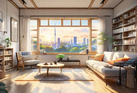 anime-style, modern-style interior, with white walls and large windows, Nordic-style furniture, a  study, Sofa, coffee table, bookcase, single wall, 
warm light morning sun, the view of the city