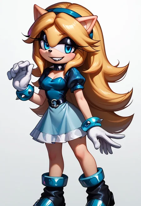 score_9, score_8_up, score_7_up, score_6_up, g0thicPXL, 1girl, 1girl, solo, goth girl, maria_robotnik, sonic_(series), hedgehog_girl, eyeliner, eyeshadow, blue eyes, long blond hair, blue_hairband, black lips, seductive smile, pretty face, spiked collar, white_gloves, blue_dress, medium skirt, shoes, blue_footwear, sexy pose, smile, grin, cute, sexy pose, lewd expression, wide hips, medium breasts, standing, biting one of her nails.