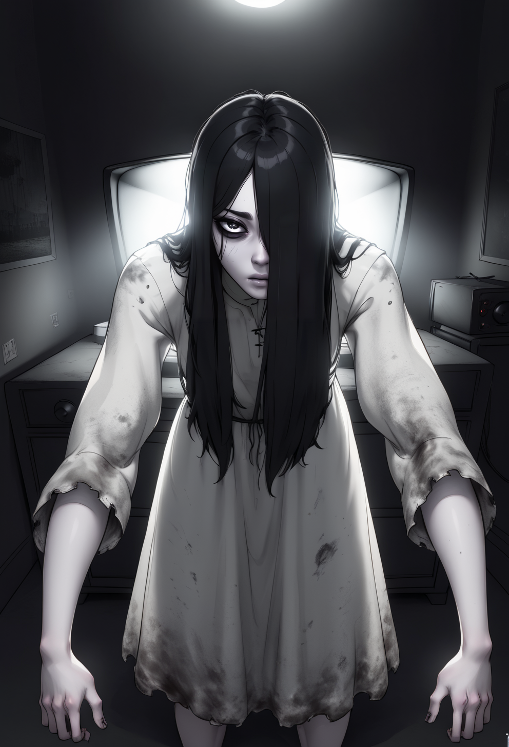theonryoxl,long black hair,pale skin,hair over one eye,
dirty white dress with sleeves, 
dark room,dim lighting,television,
<lora:TheOnryoS:0.8>,