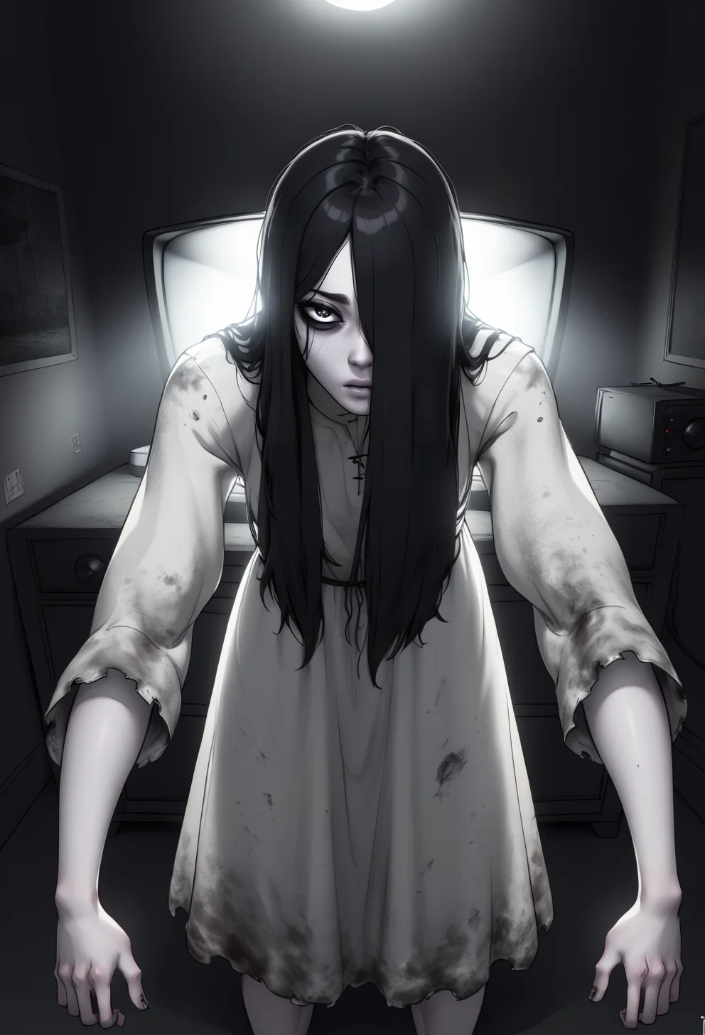theonryoxl,long black hair,pale skin,hair over one eye,
dirty white dress with sleeves,
dark room,dim lighting,television,
<lora:TheOnryoS:0.8>,