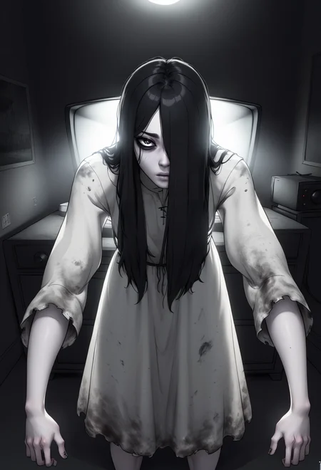 theonryoxl,long black hair,pale skin,hair over one eye,
dirty white dress with sleeves, 
dark room,dim lighting,television,
<lora:TheOnryoS:0.8>,
