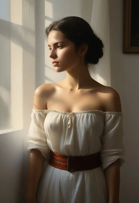 (Soft Lighting Photography by Mimoza Veliu and Mario Giacomelli:1.2), Ancient Southamerican costume, beautiful young woman, medium sized breasts, side soft light, Cinematical environment, insanely detailed, masterful painting in the style of Anders Zorn and Aleksi Briclot, oil on canvas, nipples