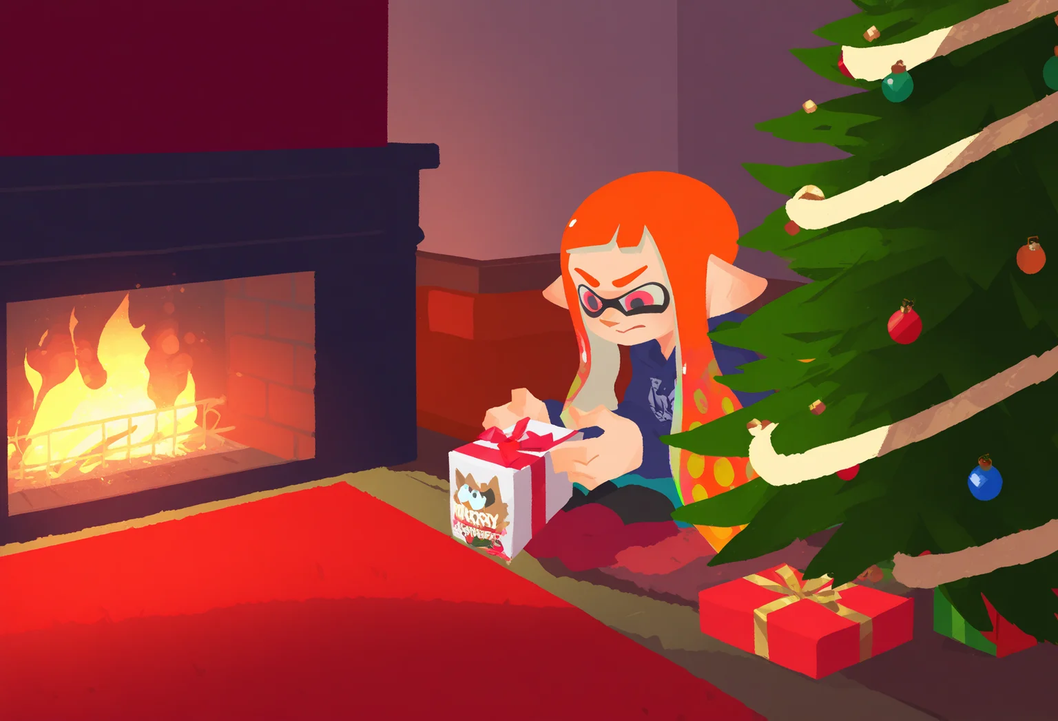 cozy shot of an inkling family gathered around a christmas tree unboxing presents, excitement, fireplace, early morning lighting,
best quality, amazing quality, very aesthetic, absurdres, <lora:Splatoon_byKonan:1>