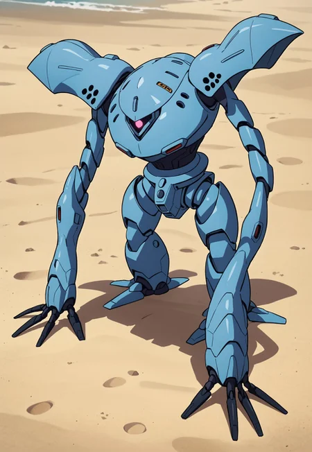 score_9, score_8_up, score_7_up, source_anime, cowboy shot, side view, BREAK, ( hygogg, blue_hygogg_armor, pink moneye, looking down, hands on ground,) 1mech, mech focus, solo, BREAK, beach, sand,