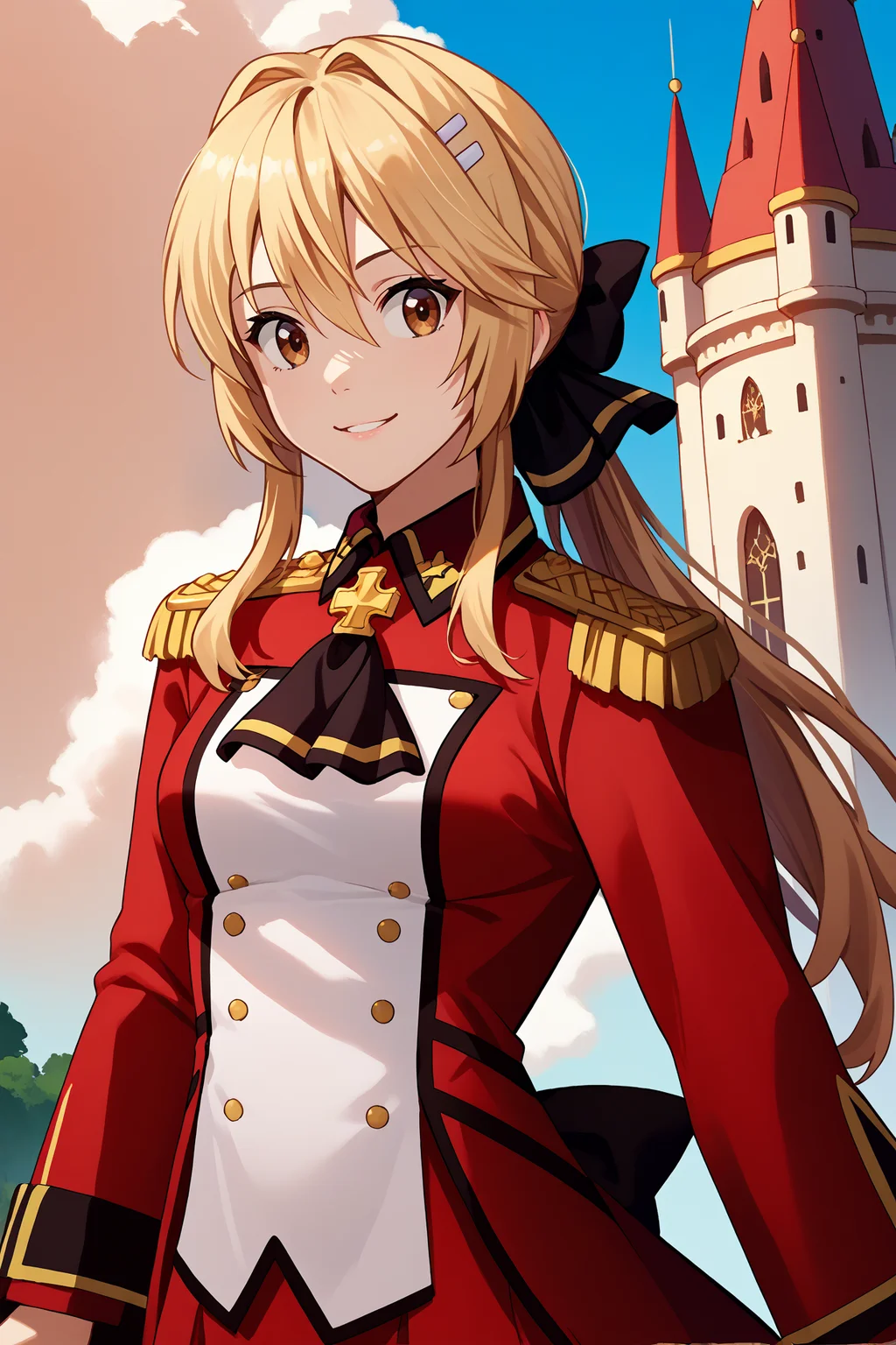 score_9, score_8_up, score_7_up, score_6_up, source_anime, 1girl, solo, <lora:lisciaelfrieden-pdxl-nvwls-v1-000005:1> liscia, blonde hair, low ponytail, brown eyes, hairclip, hair bow, black ascot, red coat, epaulettes, long sleeves, military uniform, red skirt, white pants, blue sky, clouds, looking at you, breasts, upper body, looking at you, smile, castle
