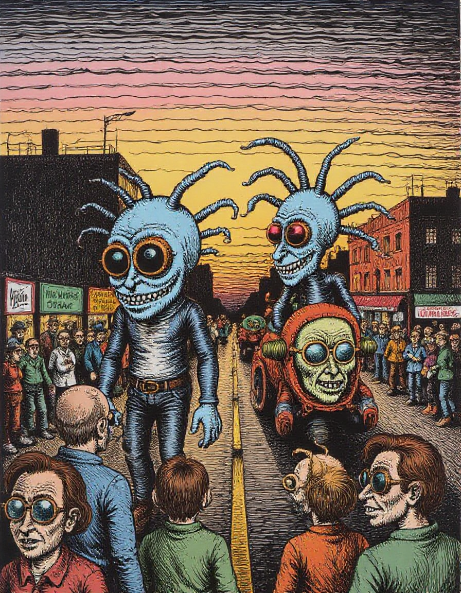 a parade with exaggerated floats rolling down a crowded street the people watching have wild expressions their oversized heads filled with wonder and awe the floats themselves are bizarre with twisted designs and odd proportions casting long shadows across the street as the sun sets in the background