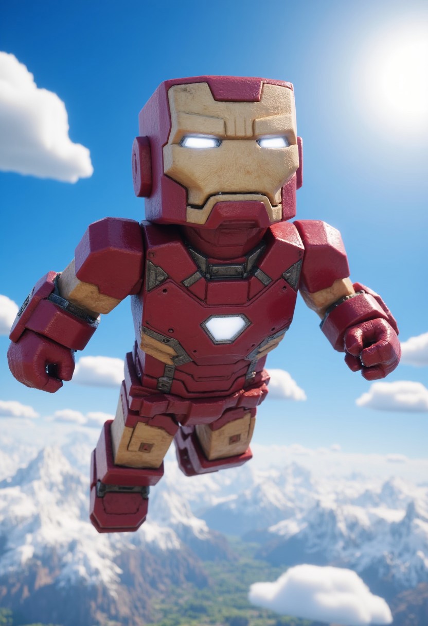 With shiny clean armor, Iron Man flying through sky in Minecraft the game