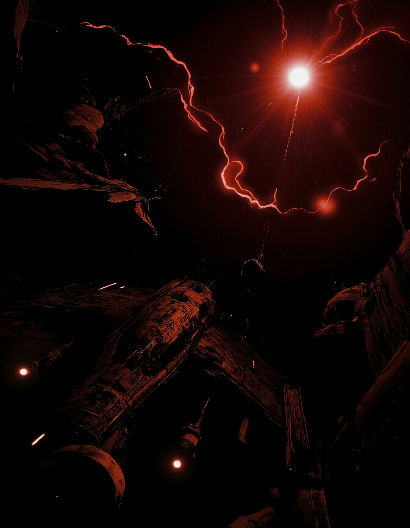 dark sci-fi picture,space horror,space odyssey,, faded colors, masterpiece, best quality, 8k, hyper detailed, best quality, ultra high res, high resolution, detailed, raw, Hollywood Cinematic Film style,epic photography,dramatic light,Kodak film style,,DarkAtmosCE style,,Blade Runner style,,anime style,<lora:Luminous_Shadowscape:0.6>,<lora:Hollywood Cinematic Film style v1:1>,<lora:DarkAtmospheric:0.6>,<lora:Blade Runner style v1:1>,<lora:anime style (Tales of black freighter) v1:1>, EVE Online, Wyvern super carrier spaceship, in space above a Planet, bright thunder, red fireflies lightning