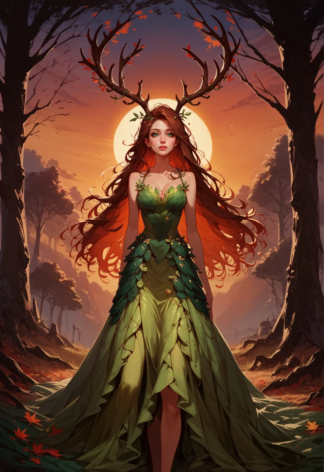 score_9, score_8_up, score_7_up, 1 girl, long hair, brown hair, tilted angle, female focus, antlers, dryad, nature, concept art, green eyes, leaf dress, sunset, romantic <lora:sdxl\Concept Art Ultimatum Style LoRA_Pony XL v6:0.8> <lora:sdxl\Expressive_H-000001:0.8>, expressiveH <lora:sdxl\sinfully_stylish_SDXL>