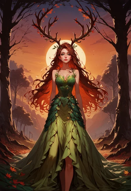 score_9, score_8_up, score_7_up, 1 girl, long hair, brown hair, tilted angle, female focus, antlers, dryad, nature, concept art, green eyes, leaf dress, sunset, romantic <lora:sdxl\Concept Art Ultimatum Style LoRA_Pony XL v6:0.8> <lora:sdxl\Expressive_H-000001:0.8>, expressiveH <lora:sdxl\sinfully_stylish_SDXL>