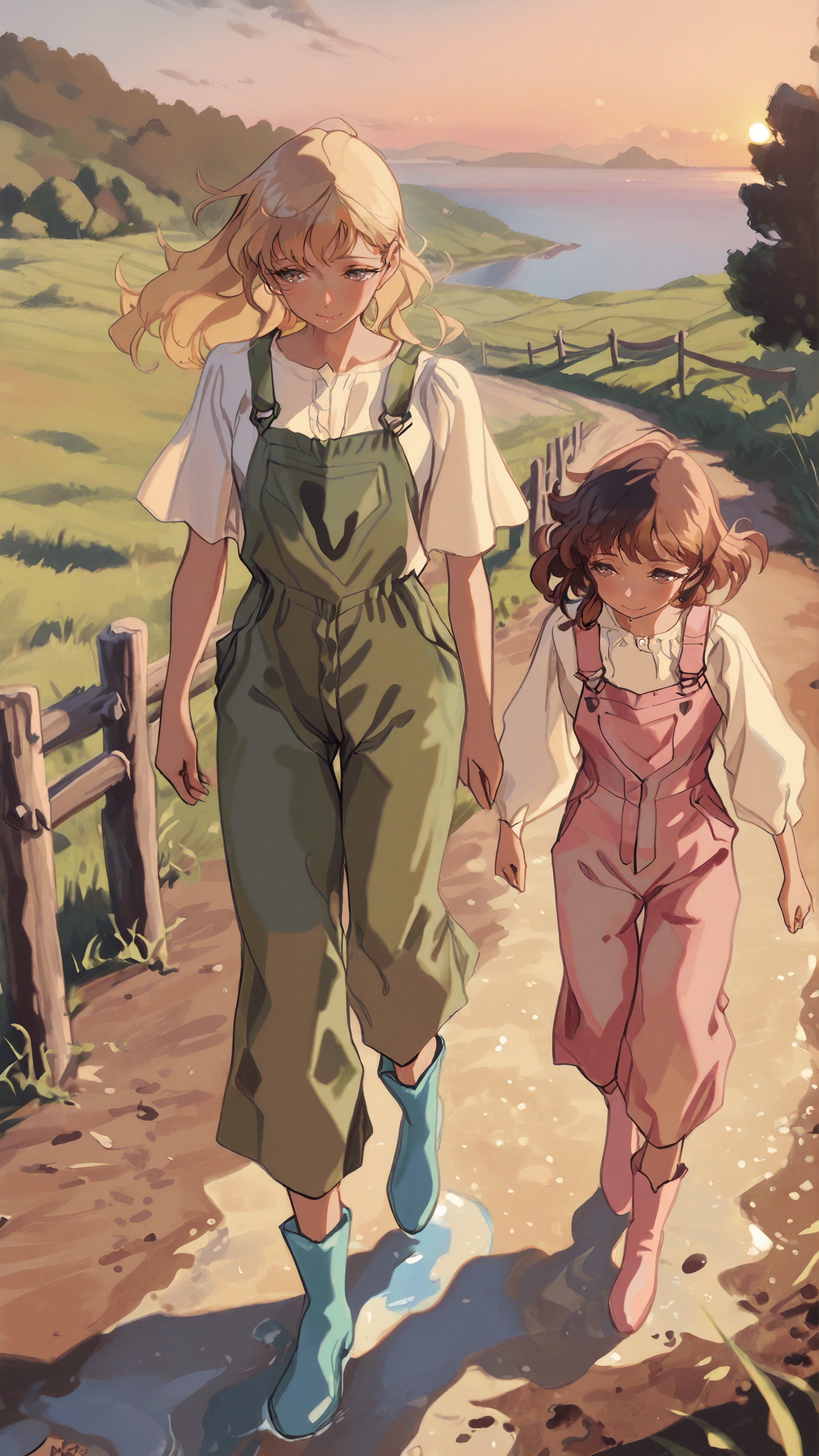 masterpiece, newest,absurdres,incredibly absurdres, best quality, amazing quality, very aesthetic, 
2girls, village, puddle, walking, holding hands, blonde, brown hair, rubber boots, green overalls, pink overalls, happy, horizon, trees, field, dirt road, wooden fence, pants tucked in, height difference, sunset,
 <lora:MJET:1> MJET  <lora:BlueFley_Style_-_Illustration:1> by_bluefley