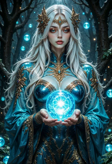a mystical scene with a female figure as the central subject. The woman has long, flowing white hair adorned with golden, leaf-like accessories. Her skin is pale and luminous, with delicate facial features and a serene expression. She is dressed in an elegant, shimmering blue gown with intricate gold embellishments that resemble leaves and vines. The background is a dark, ethereal forest setting, with glowing orbs floating around her, adding a magical ambiance. She holds a large, glowing blue orb in her hands, which emits a soft light, illuminating her face and surroundings.