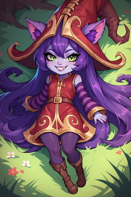 score_9, score_8_up, score_7_up, score_6_up, score_5_up, score_4_up, LuluLoLXL, shortstack, yordle, green eyes, purple hair, very long hair, sidelocks, bangs, animal ears, purple skin, colored skin, witch hat, ears through headwear, red dress, purple striped sleeves, purple pantyhose, boots, (lying on grass:1.2), seductive smile, looking at viewer, forest, tree <lora:LuluLoLXL:0.7>