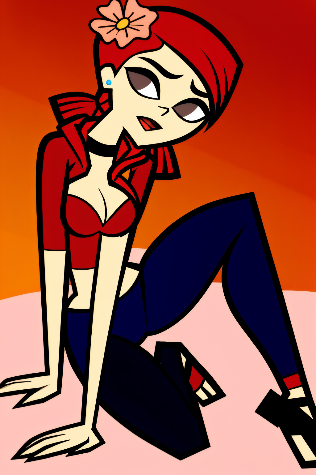 in the Bedroom, (Realistic:1.5) 1girl, solo, open mouth, cleavage, medium breasts, full body, red hair, hair flower, black choker, brown pupils, Yoga pants with a hoodie <lora:EdobZoeyTotalDrama_v1.0:0.8>