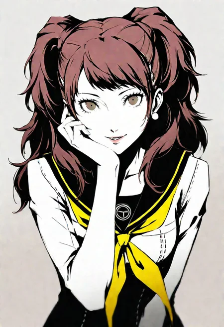 1girl,kujikawa_rise,persona,"kujikawa rise, persona","1girl, brown eyes, brown hair, long hair, twintails, medium breasts, yasogami school uniform, serafuku, yasogami school uniform, earrings, beautiful, detailed eyes, \(hairstyle\), young, blue eyes, white top, muted colors, {{beautiful detailed face}}, semi-realistic, {{aesthetic}}, {{{best quality}}}, stunning, perfect body, soft features, looking at viewer, {playful|smirking} \(expression\), upper body, leaning, hand on face