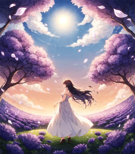 score_9, score_8_up, score_7_up, BREAK
1girl, long flowing dark hair adorned with purple flowers, wearing a lavender dress with floral patterns, standing in a field of blooming purple flowers, petals gently floating in the air, serene and contemplative expression, highly detailed face, soft natural light, sunset sky with a gradient of purple and orange hues, intricate details in the flowers and leaves, depth of field, volumetric lighting, high dynamic range, gentle breeze, atmospheric effects, ethereal and tranquil setting, 2d anime style, detailed background with distant mountains, arms gracefully raised