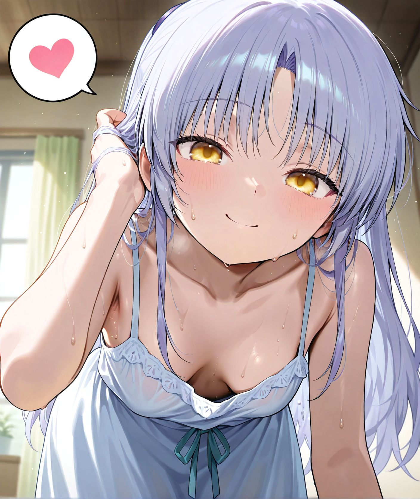 masterpiece best quality newest absurdres highres detailed eyes beautiful detailed background perfect eyes anime coloring anime screencap<lora:add-detail-xl:0.5>,,masterpiece, best quality, newest, absurdres, highres, detailed eyes, beautiful, detailed background, perfect eyes, anime coloring, anime screencap,
<lora:Downblouse:0.7>Downblouse_V1,
1girl,breasts,spoken heart,smile,
sweat,breasts,downblouse,bent over,
adjusting hair,sagging breasts, 
BREAK
tachibana kanade, angel beats!, 
official art,  20 YO, milf,