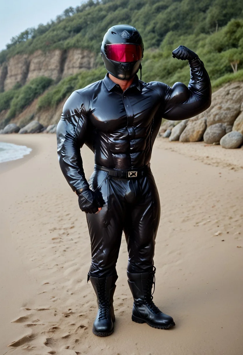 score_9, score_8_up, score_7_up, photo, photorealistic, rating_explicit, (solo:1.1), 1boy, black helmet with tinted visor, muscular male, masculine male, black glossy leather blazer suit, red glossy spandex shirt, glossy pants, skintight, black rubber gloves, black rubber boots, abs, nipples, pecs, flexing, proud, sweaty, outdoors beach, five digits