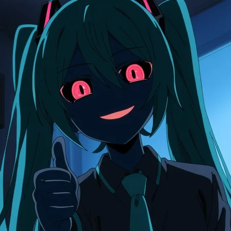 anime screencap,solo,1girl,hatsune miku,red eyes,black sclera,school uniform,necktie,smile,thumbs up,looking at viewer,upper body portrait,indoors,dark bedroom